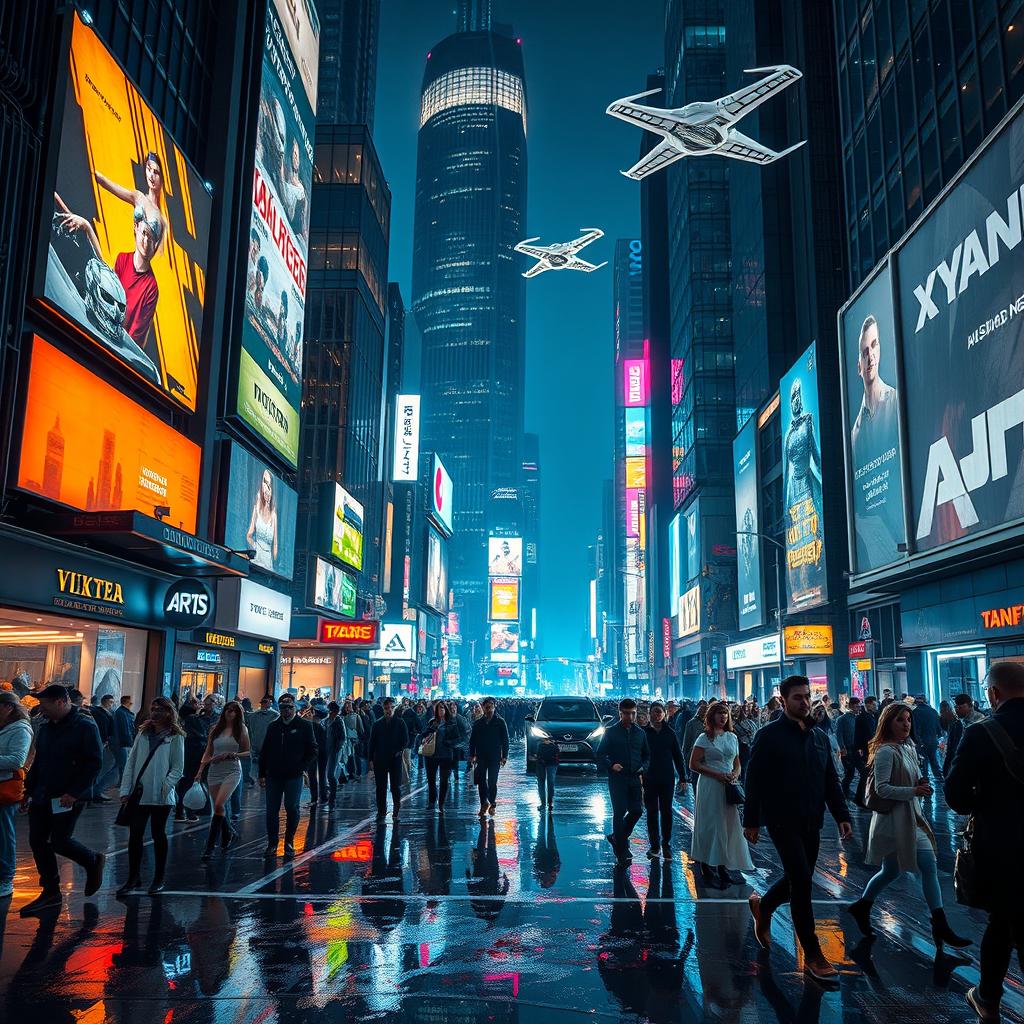 A futuristic cyberpunk cityscape at night, illuminated by neon lights and holographic advertisements
