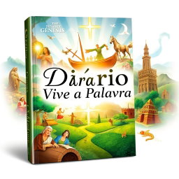 A book cover design for a title "Diário Viva a Palavra" featuring a collage of significant events from the Book of Genesis as the background