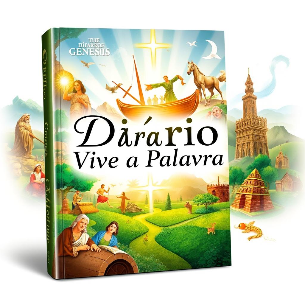 A book cover design for a title "Diário Viva a Palavra" featuring a collage of significant events from the Book of Genesis as the background