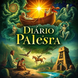 A book cover design for a title "Diário Viva a Palavra" featuring a collage of significant events from the Book of Genesis as the background