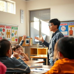 An engaging scene of a student standing at the front of a classroom, passionately explaining the dangers of certain behaviors to their classmates