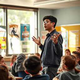 An engaging scene of a student standing at the front of a classroom, passionately explaining the dangers of certain behaviors to their classmates