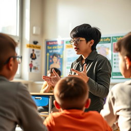 An engaging scene of a student standing at the front of a classroom, passionately explaining the dangers of certain behaviors to their classmates
