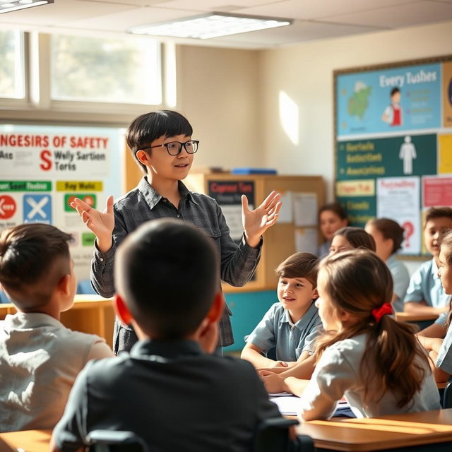 An engaging scene of a student standing at the front of a classroom, passionately explaining the dangers of certain behaviors to their classmates