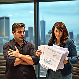 A dynamic scene depicting two individuals engaged in a heated debate