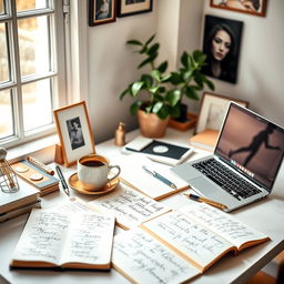 An enhanced image with a bright and airy ambiance, showcasing a desk cluttered with elegant stationery, open notebooks filled with handwritten notes, a cup of steaming coffee, and a sleek laptop, surrounded by soft natural light streaming in from a nearby window