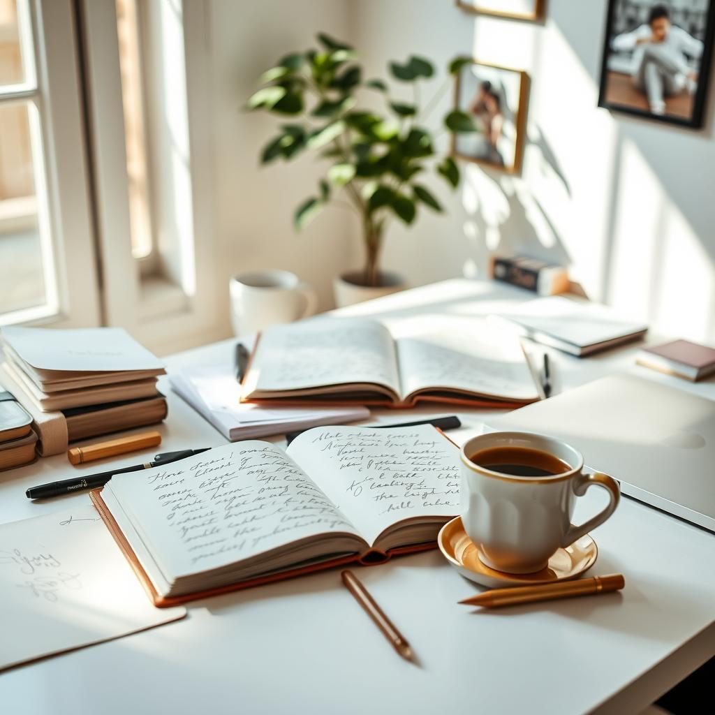 An enhanced image with a bright and airy ambiance, showcasing a desk cluttered with elegant stationery, open notebooks filled with handwritten notes, a cup of steaming coffee, and a sleek laptop, surrounded by soft natural light streaming in from a nearby window