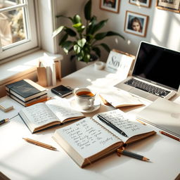 An enhanced image with a bright and airy ambiance, showcasing a desk cluttered with elegant stationery, open notebooks filled with handwritten notes, a cup of steaming coffee, and a sleek laptop, surrounded by soft natural light streaming in from a nearby window