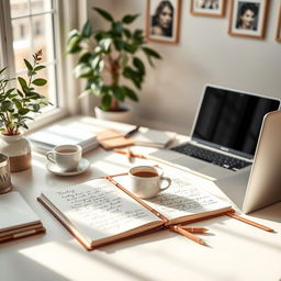 An enhanced image with a bright and airy ambiance, showcasing a desk cluttered with elegant stationery, open notebooks filled with handwritten notes, a cup of steaming coffee, and a sleek laptop, surrounded by soft natural light streaming in from a nearby window