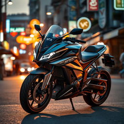 A sleek and powerful SPX motorcycle in a dynamic pose, showcasing its modern design and engineering, parked on a vibrant urban street at twilight