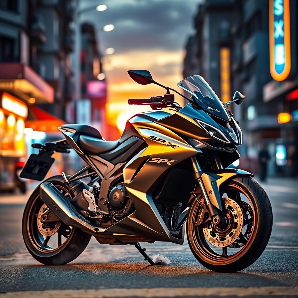 A sleek and powerful SPX motorcycle in a dynamic pose, showcasing its modern design and engineering, parked on a vibrant urban street at twilight