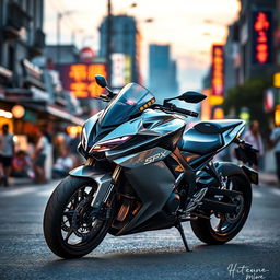 A sleek and powerful SPX motorcycle in a dynamic pose, showcasing its modern design and engineering, parked on a vibrant urban street at twilight