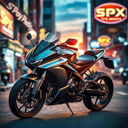 A sleek and powerful SPX motorcycle in a dynamic pose, showcasing its modern design and engineering, parked on a vibrant urban street at twilight
