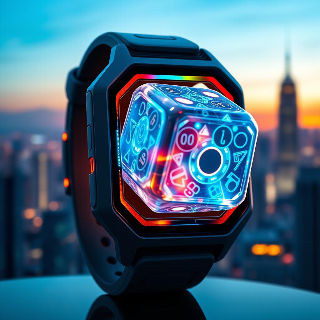 A futuristic smartwatch with an integrated, rolling dice feature
