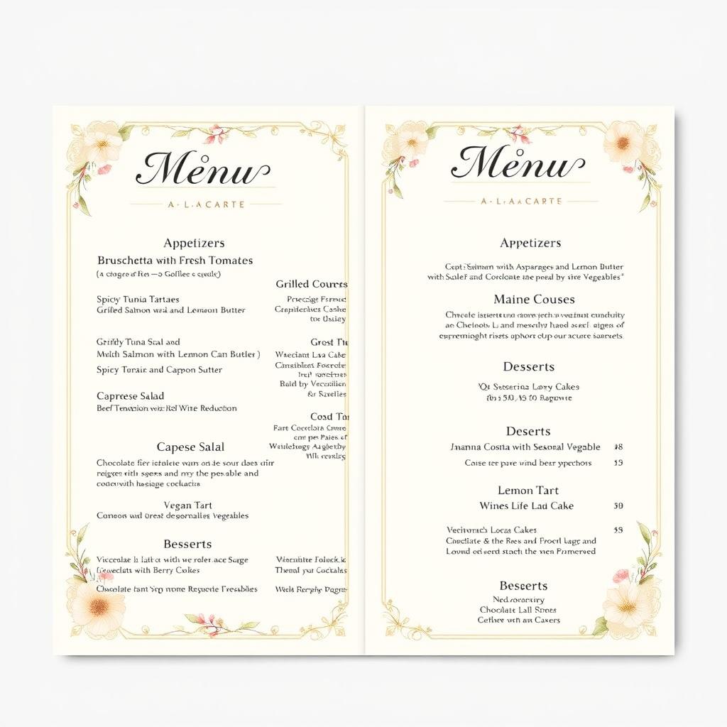 An elegant A La Carte menu design featuring a sophisticated layout with sections for appetizers, main courses, desserts, and beverages