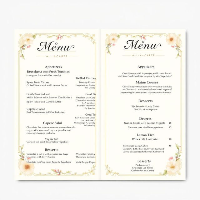 An elegant A La Carte menu design featuring a sophisticated layout with sections for appetizers, main courses, desserts, and beverages
