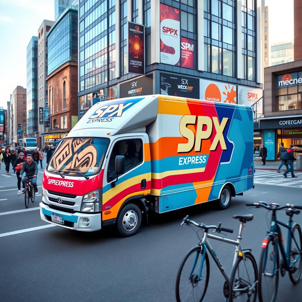 An eye-catching SPX EXPRESS delivery truck, showcasing its sleek design and modern branding, parked in a bustling city environment