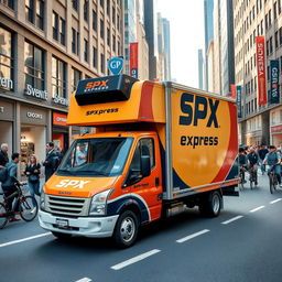 An eye-catching SPX EXPRESS delivery truck, showcasing its sleek design and modern branding, parked in a bustling city environment