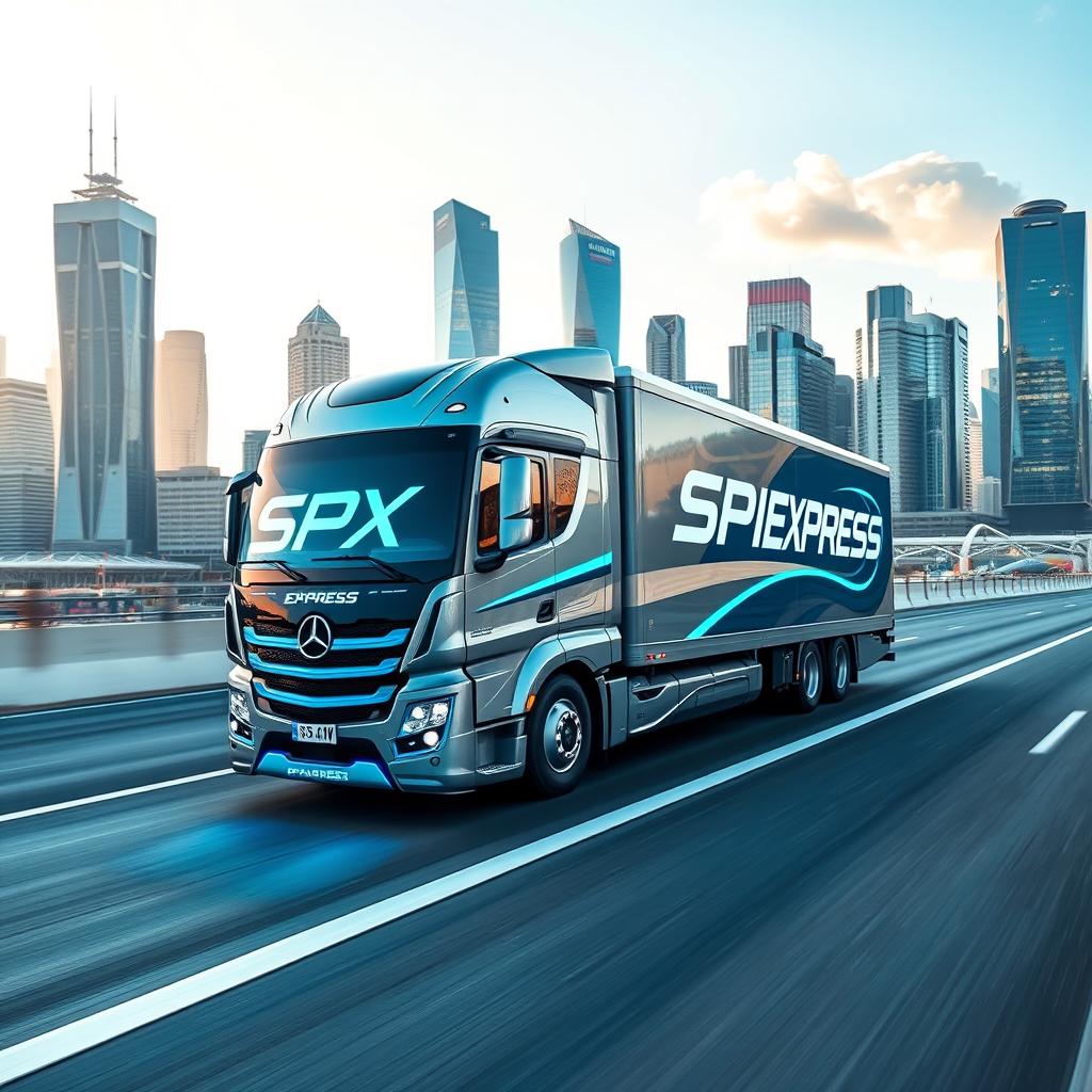 A sleek, futuristic truck labeled 'SPX EXPRESS', driving on a wide, modern highway