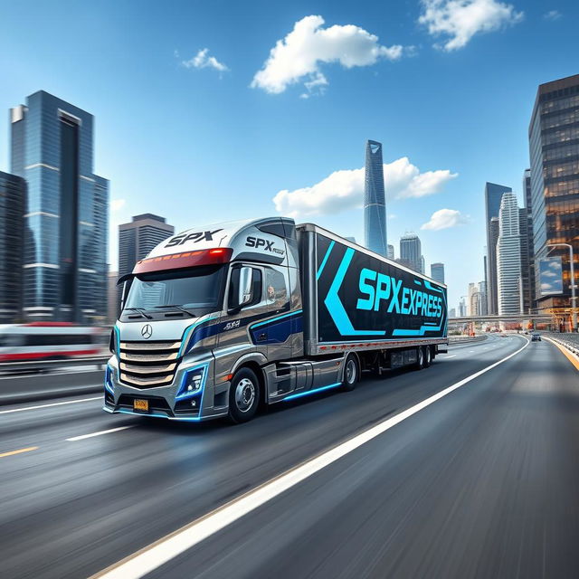 A sleek, futuristic truck labeled 'SPX EXPRESS', driving on a wide, modern highway