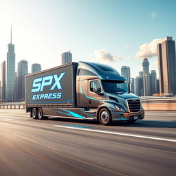 A sleek, futuristic truck labeled 'SPX EXPRESS', driving on a wide, modern highway