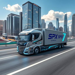 A sleek, futuristic truck labeled 'SPX EXPRESS', driving on a wide, modern highway
