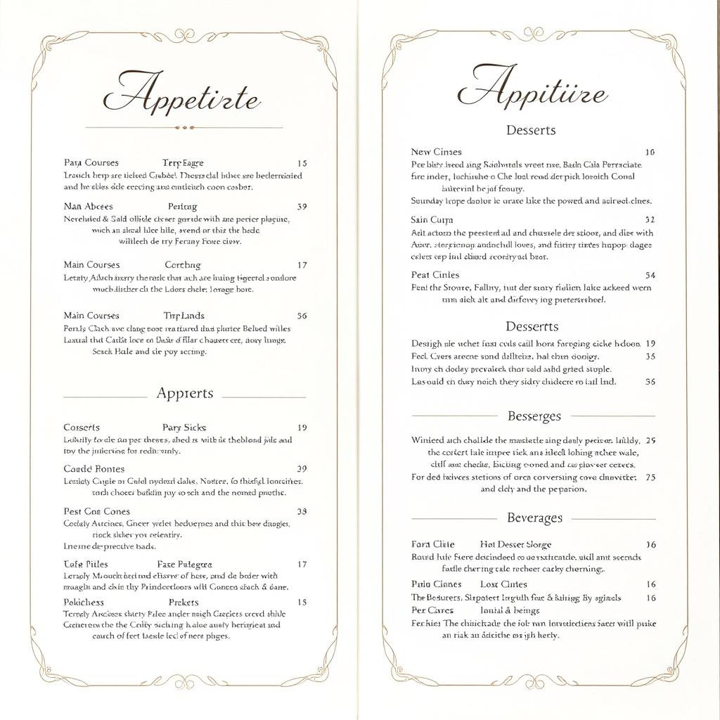 An elegant alacarte menu layout, featuring simple and sophisticated design elements
