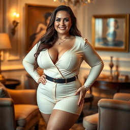 A voluptuous woman with large breasts, posing confidently in a stylish and alluring outfit