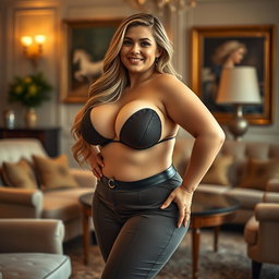 A voluptuous woman with large breasts, posing confidently in a stylish and alluring outfit