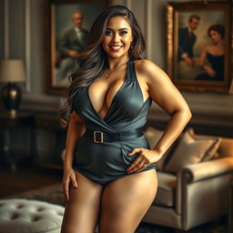 A voluptuous woman with large breasts, posing confidently in a stylish and alluring outfit