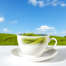 A white cup of tea sitting on a matching white saucer, with a peaceful and vibrant tea farm landscape inside the cup instead of liquid