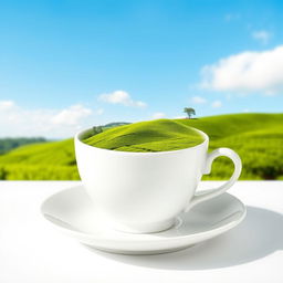 A white cup of tea sitting on a matching white saucer, with a peaceful and vibrant tea farm landscape inside the cup instead of liquid