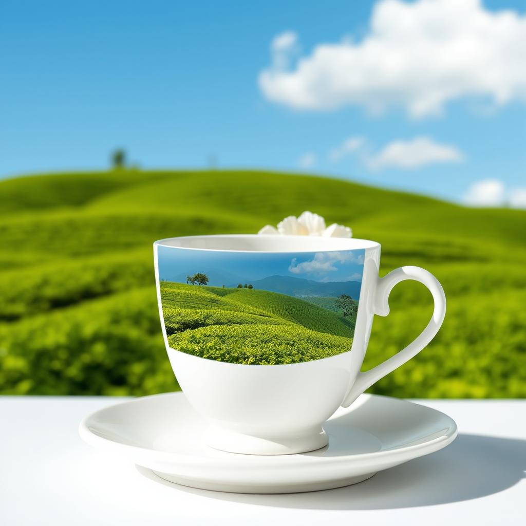 A white cup of tea sitting on a matching white saucer, with a peaceful and vibrant tea farm landscape inside the cup instead of liquid