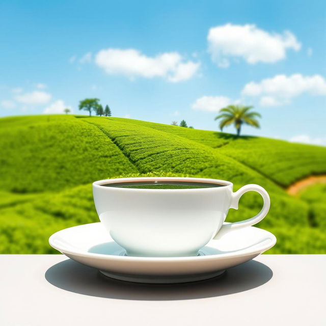 A white cup of tea sitting on a matching white saucer, with a peaceful and vibrant tea farm landscape inside the cup instead of liquid