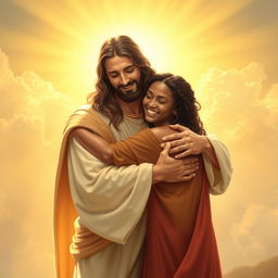 A divine scene depicting Jesus embracing two people in a loving, warm hug