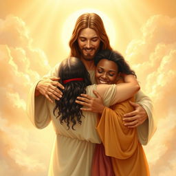 A divine scene depicting Jesus embracing two people in a loving, warm hug