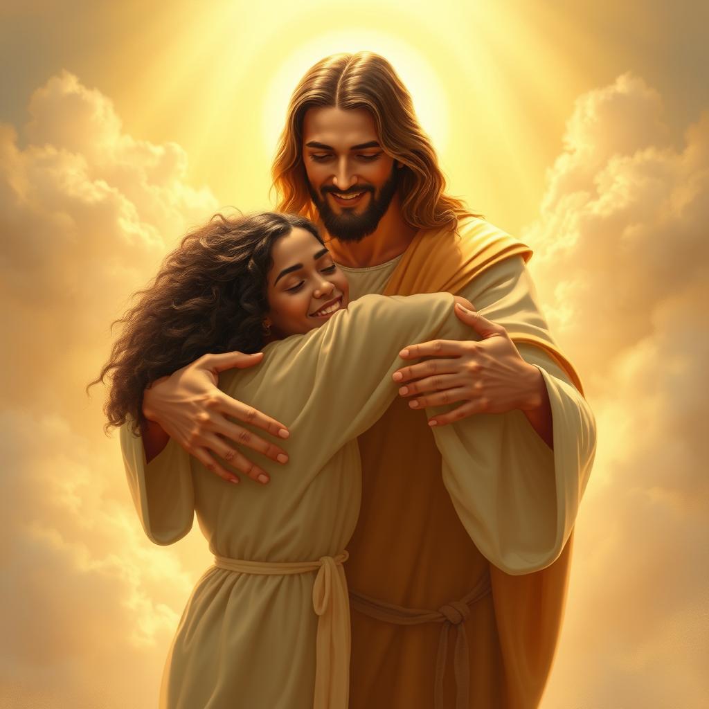 A divine scene depicting Jesus embracing two people in a loving, warm hug