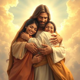 A divine scene depicting Jesus embracing two people in a loving, warm hug
