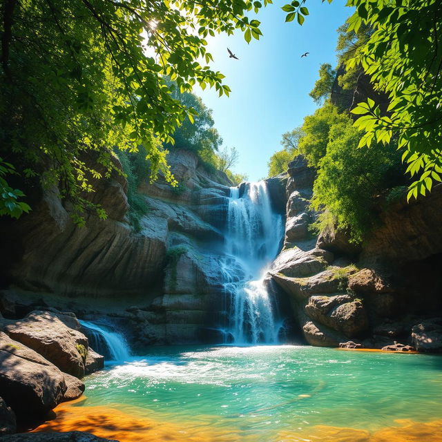 A breathtaking natural landscape featuring a majestic waterfall cascading down rugged rocks surrounded by lush green foliage