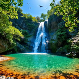 A breathtaking natural landscape featuring a majestic waterfall cascading down rugged rocks surrounded by lush green foliage