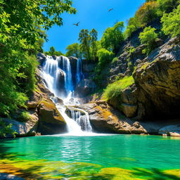 A breathtaking natural landscape featuring a majestic waterfall cascading down rugged rocks surrounded by lush green foliage