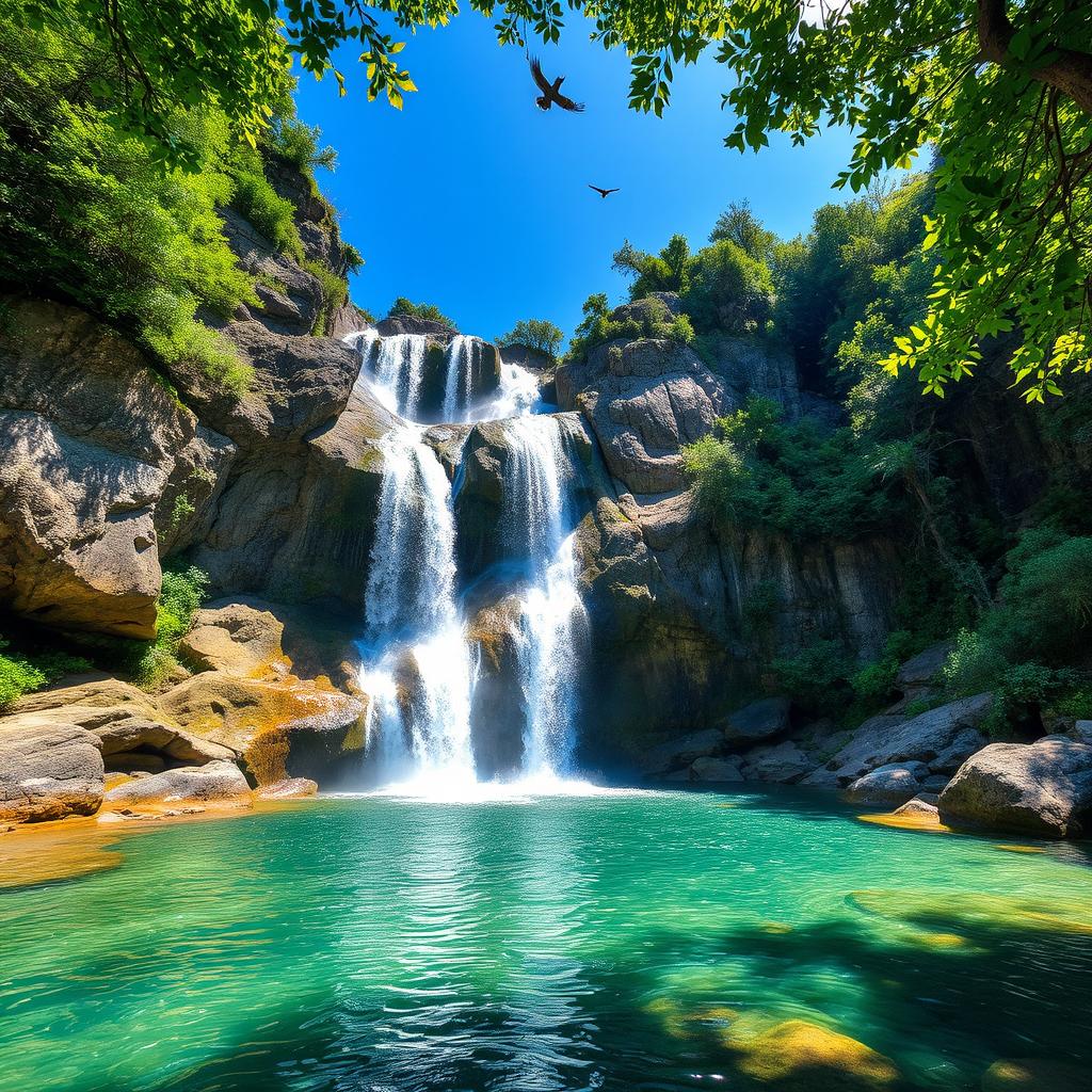 A breathtaking natural landscape featuring a majestic waterfall cascading down rugged rocks surrounded by lush green foliage