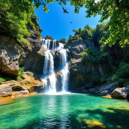 A breathtaking natural landscape featuring a majestic waterfall cascading down rugged rocks surrounded by lush green foliage