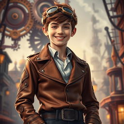 A 17-year-old young man dressed in intricate steampunk attire, featuring a brown leather jacket adorned with gears and rivets, a high-collared shirt, and dark trousers