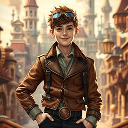 A 17-year-old young man dressed in intricate steampunk attire, featuring a brown leather jacket adorned with gears and rivets, a high-collared shirt, and dark trousers