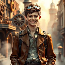 A 17-year-old young man dressed in intricate steampunk attire, featuring a brown leather jacket adorned with gears and rivets, a high-collared shirt, and dark trousers