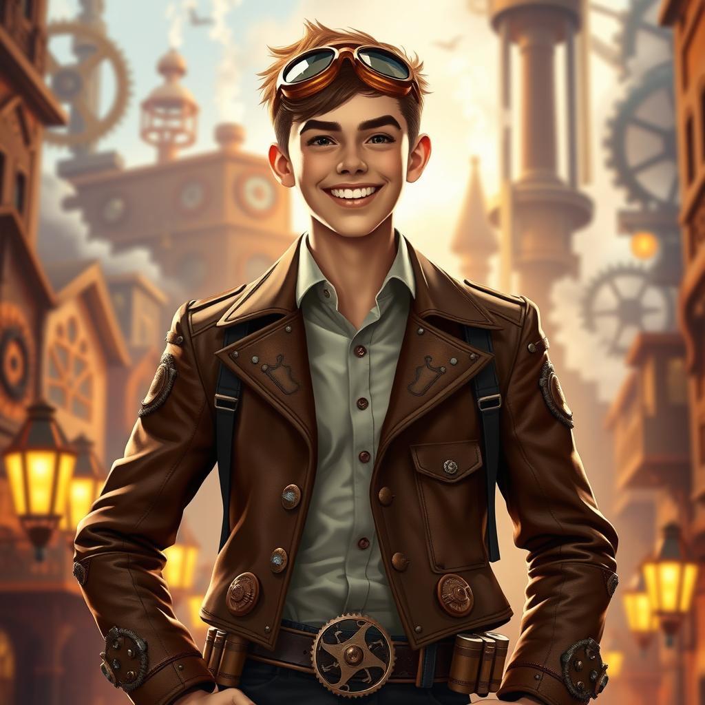 A 17-year-old young man dressed in intricate steampunk attire, featuring a brown leather jacket adorned with gears and rivets, a high-collared shirt, and dark trousers