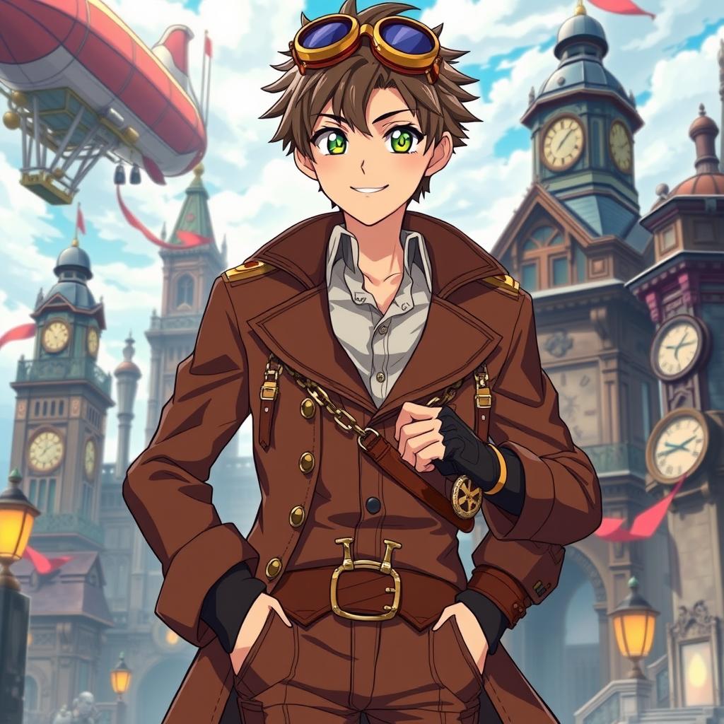 A 17-year-old anime male character with bright expressive eyes and a charming smile, adorned in elaborate steampunk clothing