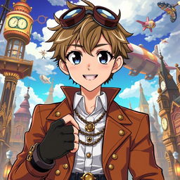 A 17-year-old anime male character with bright expressive eyes and a charming smile, adorned in elaborate steampunk clothing