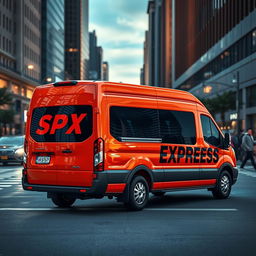An eye-catching orange blind van car, designed for secure transportation, prominently featuring the bold text "SPX EXPRESS" in striking contrast against the vibrant orange